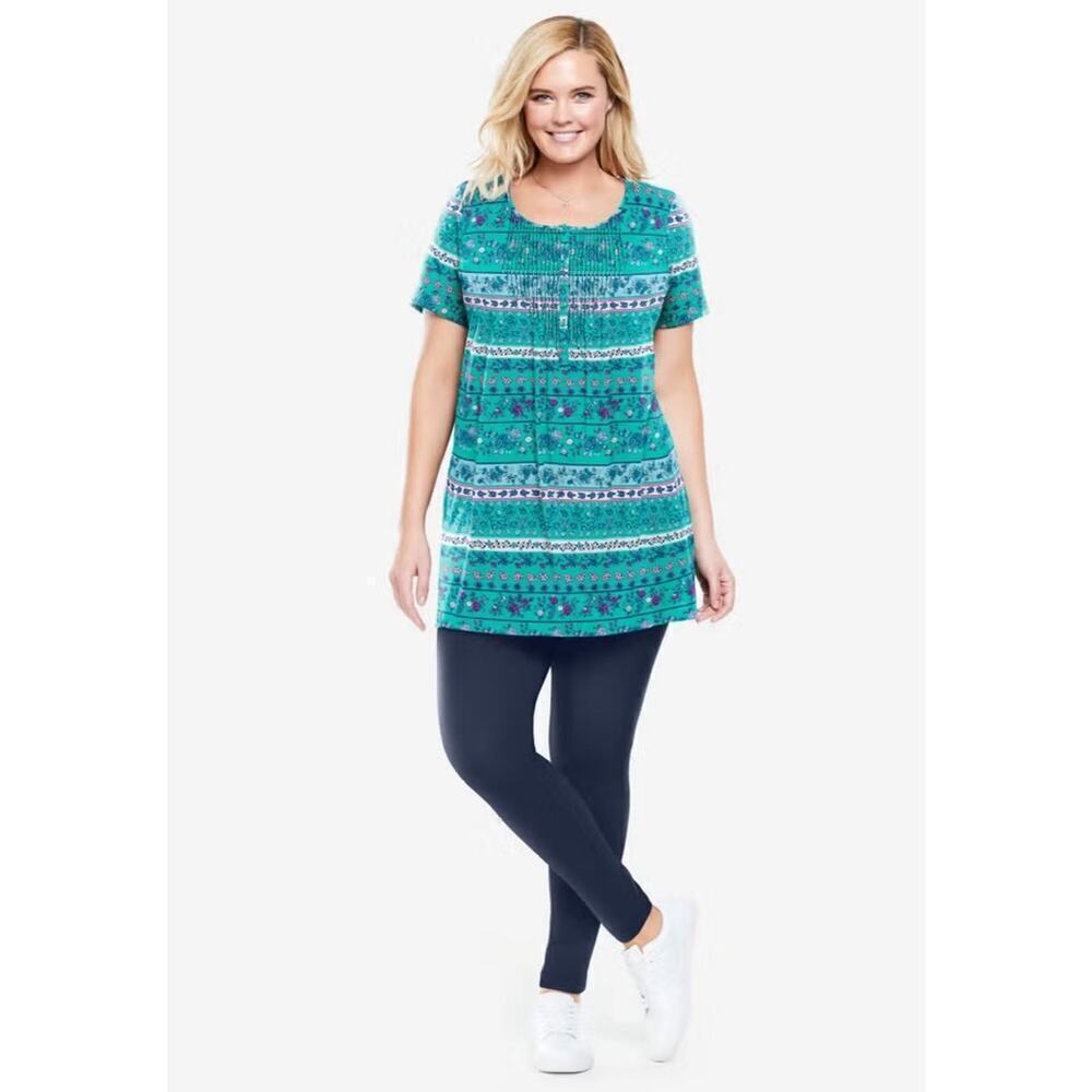 Woman Within Size 26 28 Floral Print Short Sleeve Top Green Cotton Blend